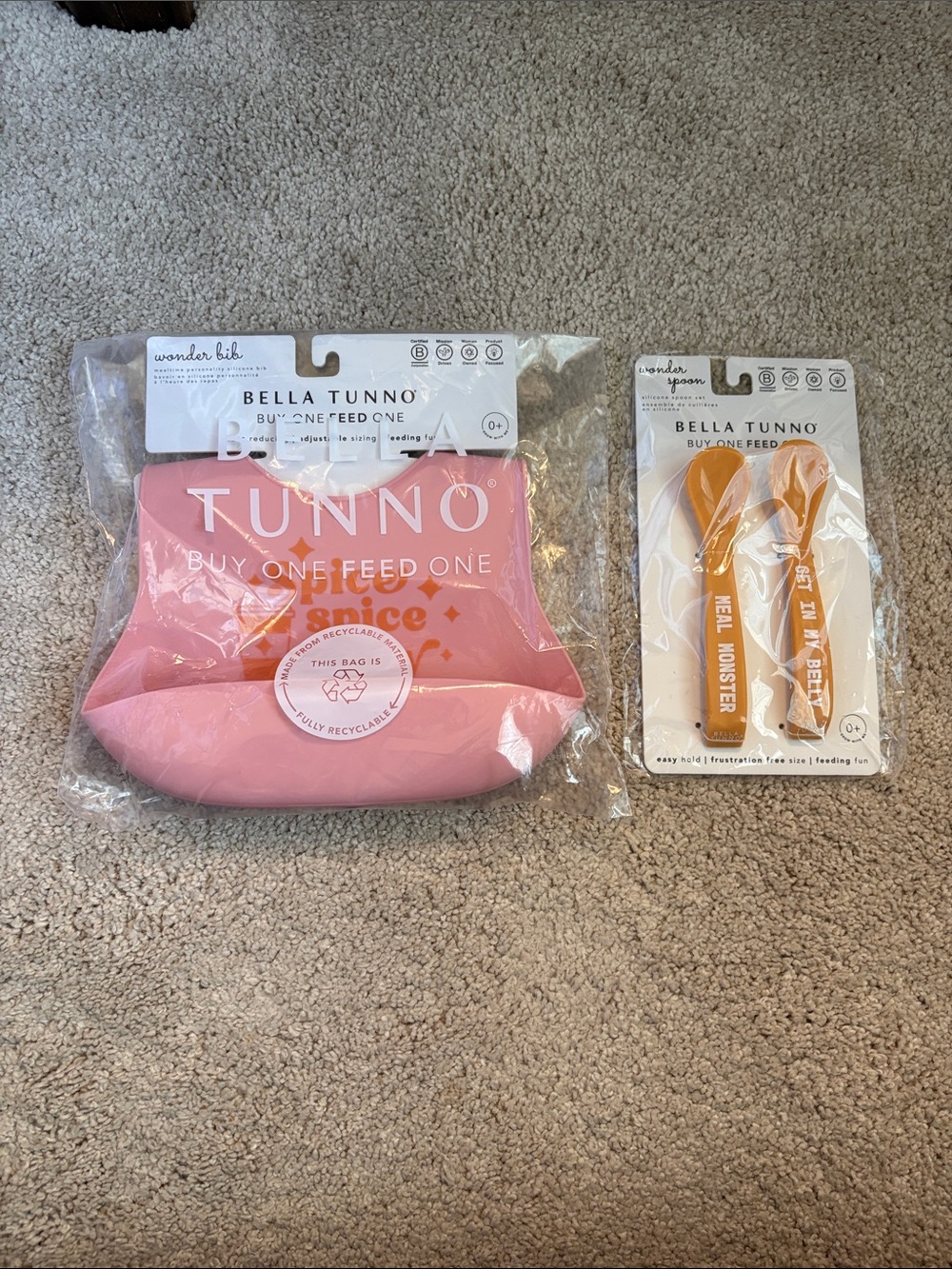 Bella Tunno Pink Silicone Bib with Orange Feeding Spoons